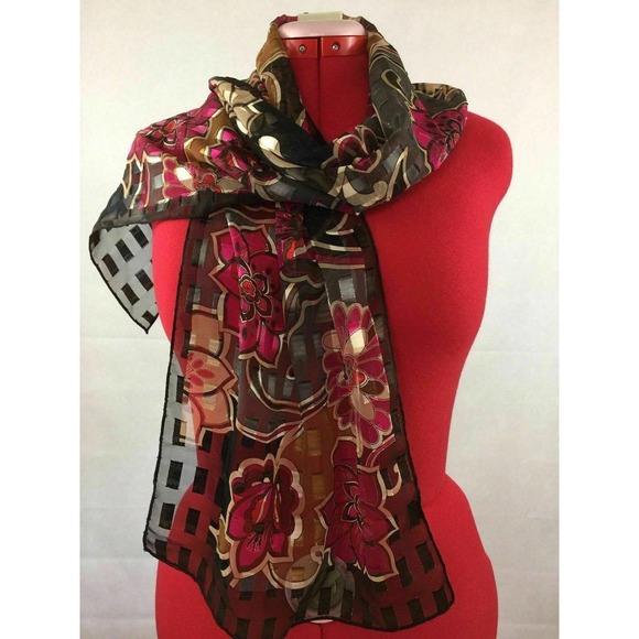Elegant Gold Metallic Thread Pink Flowers on Black Shiny Floral Poly Scarf - Picture 2 of 6